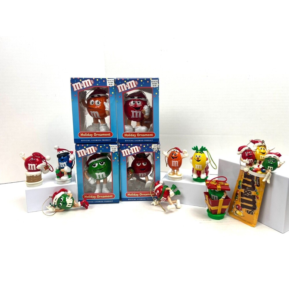 M&M Christmas Ornament Lot of 12 Candy Tube Topper Red Green Yellow Orange